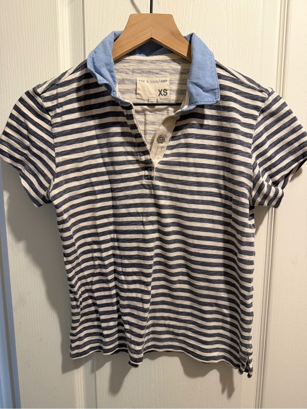 rag & bone Navy and White Striped Polo with Chambray Collar XS